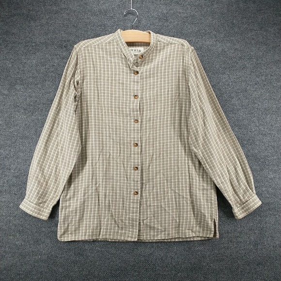 Orvis Men's Button Up Shirt Long Sleeve Tan L Checkered Cotton - Picture 2 of 12